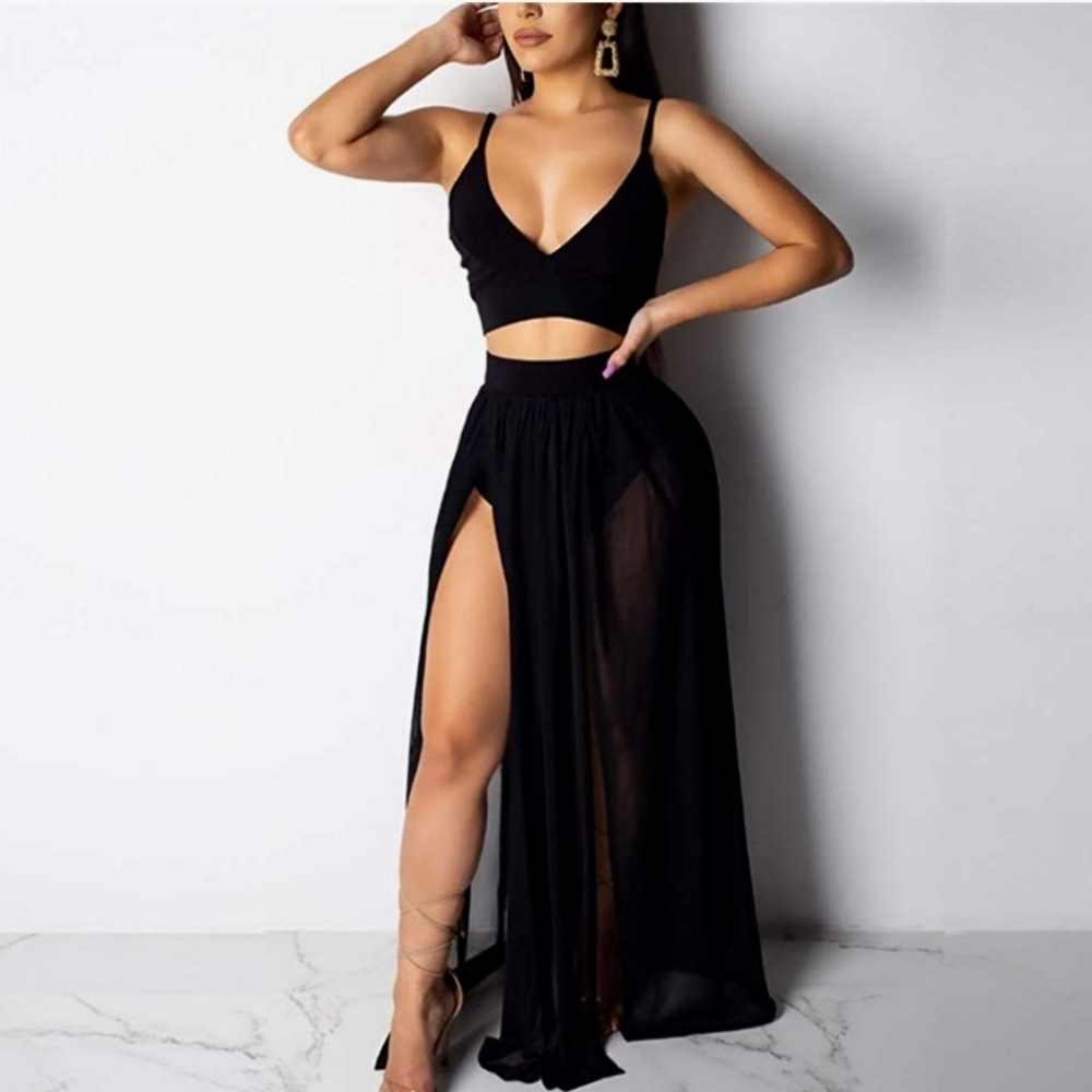 Sexy Beach Dress Outfits 2 Piece Crop Top High Split Mesh Skirt Dresses set - Picture 3 of 4